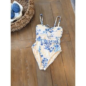 Peony Floral One Piece Swimsuit Womens Blue White Size 10